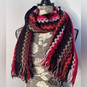 Missoni Wool Blend Classic Mountain pattern scarf red & iridescent with fringe